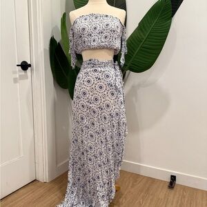 Blue and White Maxi Wrap Skirt Set Pleated